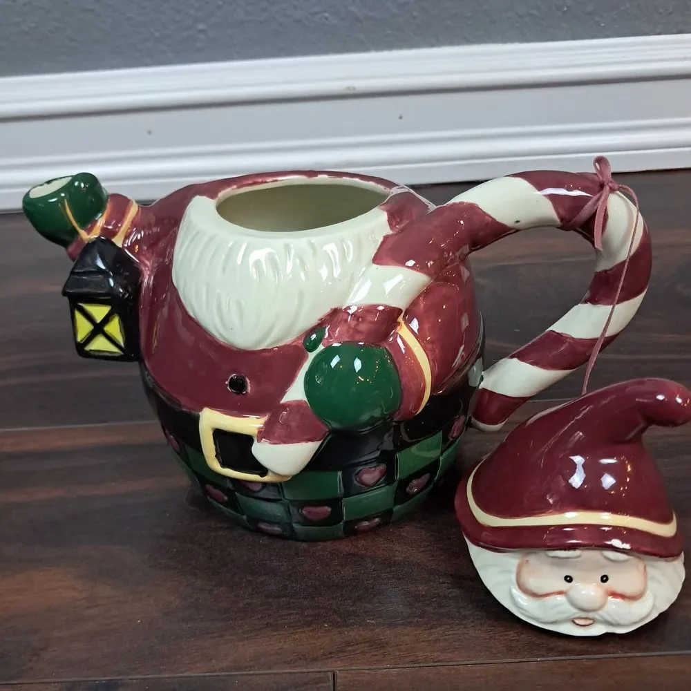 Vintage Christmas Santa Teapot Candy Cane Handle Ceramic Holiday Tea Pot Lantern